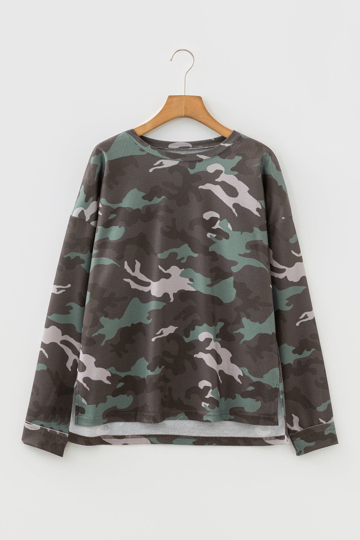 Camouflage Print Textured Drop Shoulder Long Sleeve Top - KaleaBoutique.com
