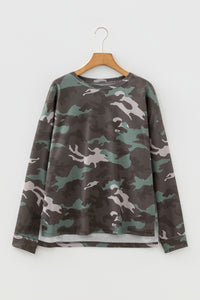 Camouflage Print Textured Drop Shoulder Long Sleeve Top - KaleaBoutique.com