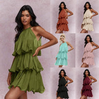 Elegant Halter Neck Sleeveless Strapless Sheer Layered Dress - Ruffled Hem Elegant Women's Summer Party Dress Beach Vacation Outfits - KaleaBoutique.com