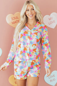 KaleaBoutique Comfortable Valentines Candy Heart V Neck Collared Tunic Shirt and Shorts 2pcs Pajama Set - KaleaBoutique.com
