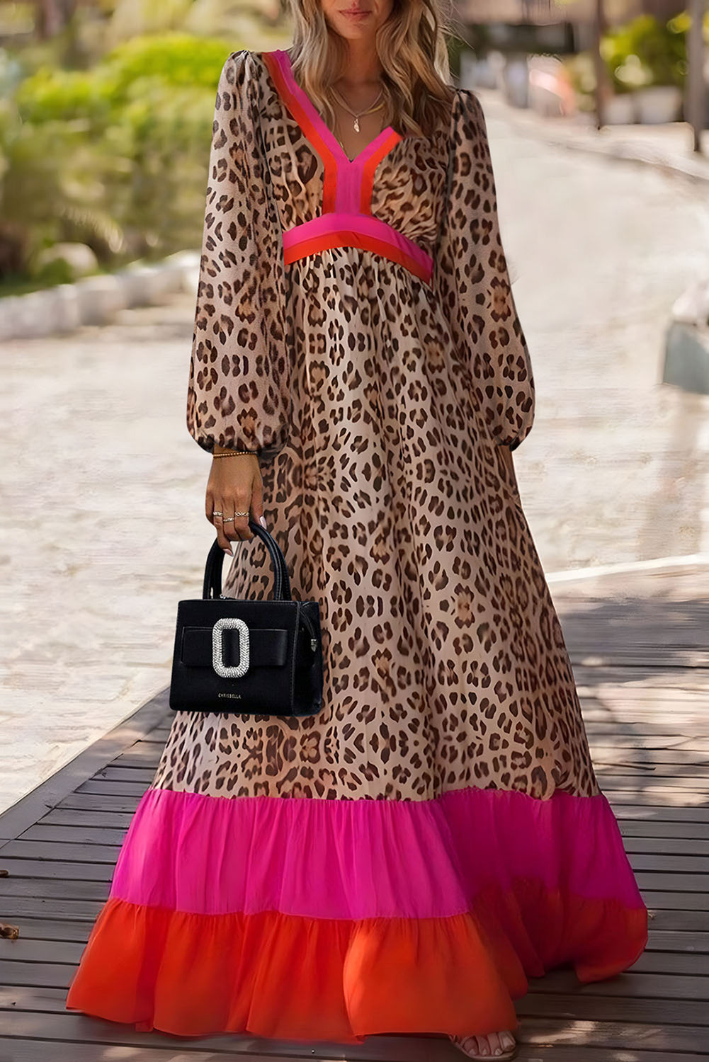 Leopard Color Block V Neck Loose Fit Maxi Dress - KaleaBoutique.com