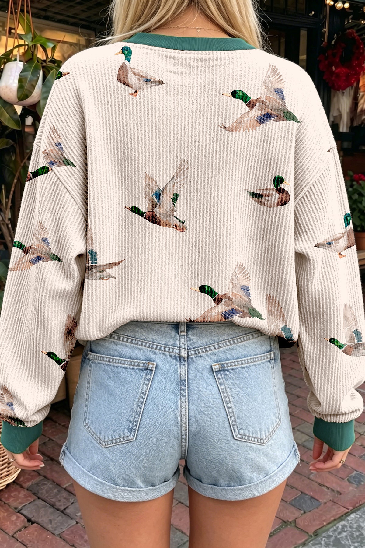 KaleaBoutique Stylish Twisted Ribbed Duck Print Crewneck Casual Pullover Top - KaleaBoutique.com