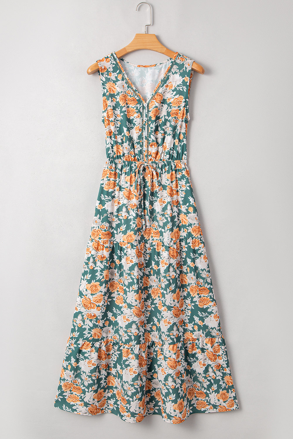 KaleaBoutique Stylish Floral Print Trimmed V Neck Tie Waist Sleeveless Holiday Long Dress - KaleaBoutique.com