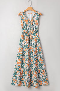 KaleaBoutique Stylish Floral Print Trimmed V Neck Tie Waist Sleeveless Holiday Long Dress - KaleaBoutique.com