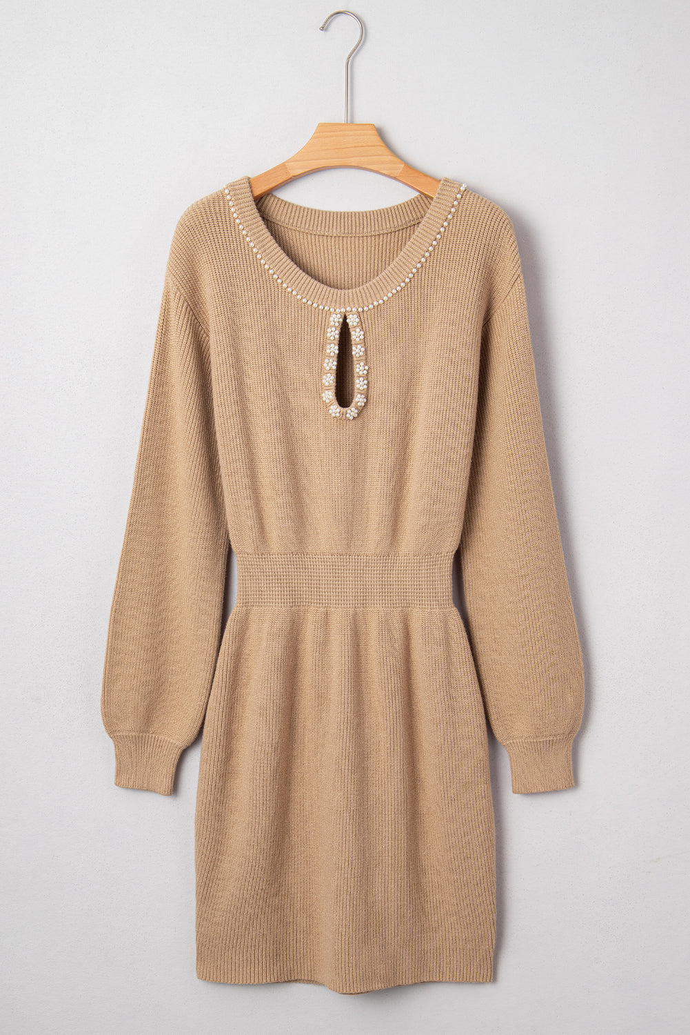 KaleaBoutique Stylish Pearl Embellished Keyhole Ribbed Sweater Dress - KaleaBoutique.com