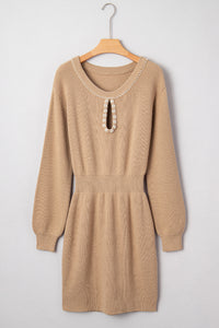 KaleaBoutique Stylish Pearl Embellished Keyhole Ribbed Sweater Dress - KaleaBoutique.com