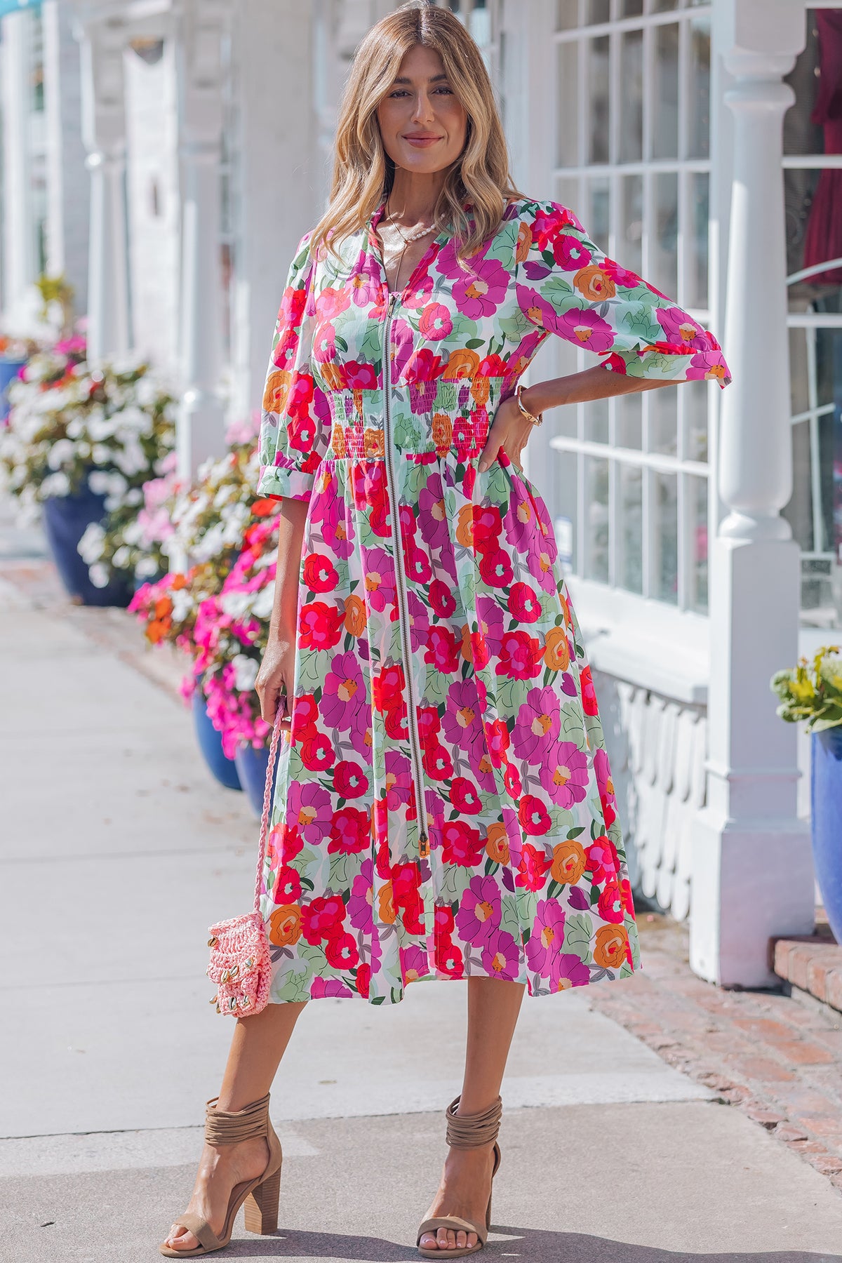 KaleaBoutique Stylish Vibrant Floral Print V Neck Zip Up Puffy Half Sleeve Dress - KaleaBoutique.com