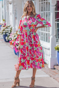 KaleaBoutique Stylish Vibrant Floral Print V Neck Zip Up Puffy Half Sleeve Dress - KaleaBoutique.com