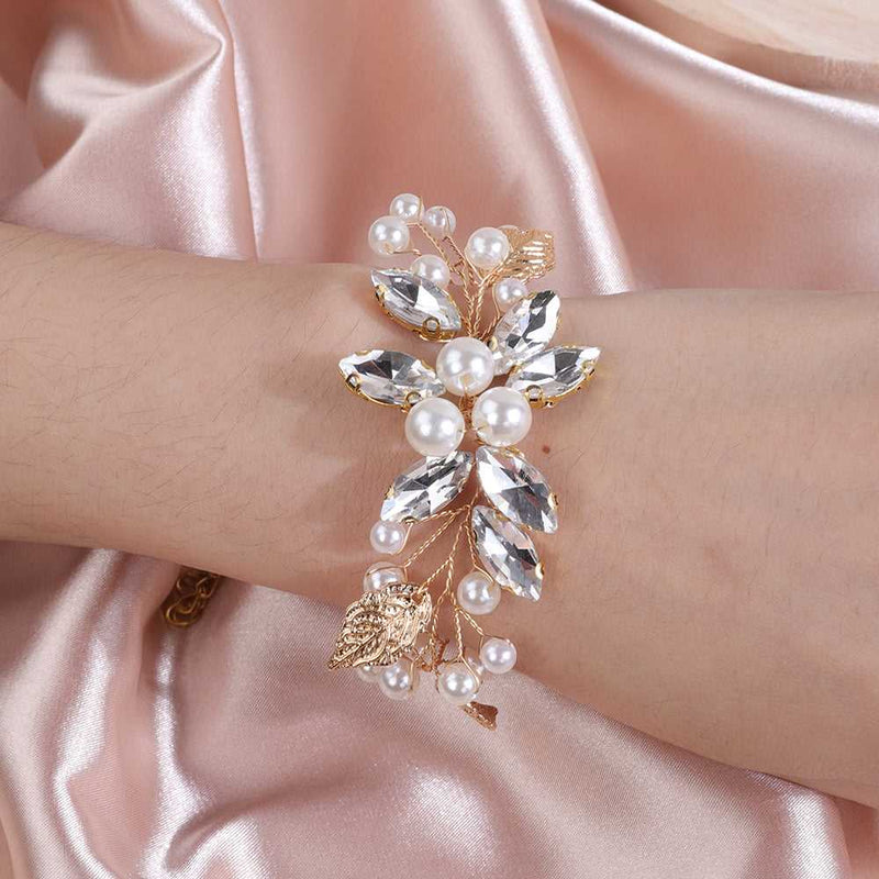 Rhinestone Pearl Flower Bracelet, Crystal Gem Floral Bracelet for Bride, Wedding Style Wire Bracelet - KaleaBoutique.com