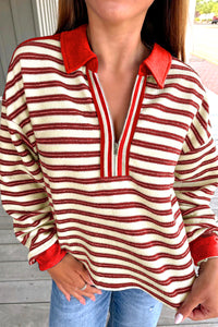 Striped Print Contrast Collar Zip V Neck Long Sleeve Top - KaleaBoutique.com