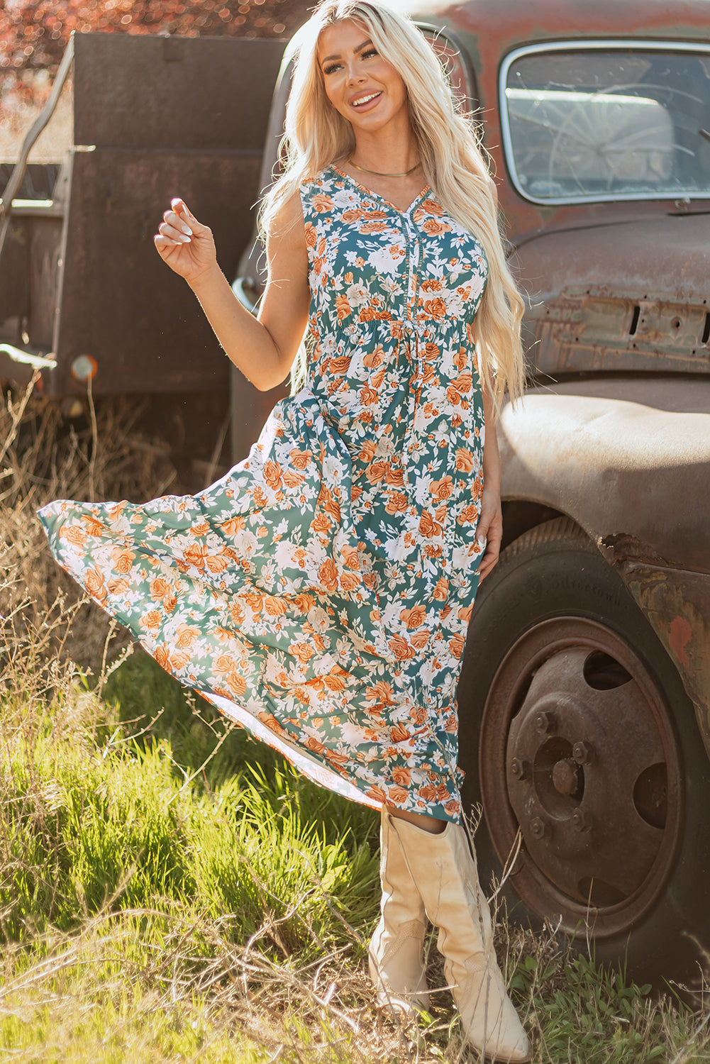 KaleaBoutique Stylish Floral Print Trimmed V Neck Tie Waist Sleeveless Holiday Long Dress - KaleaBoutique.com