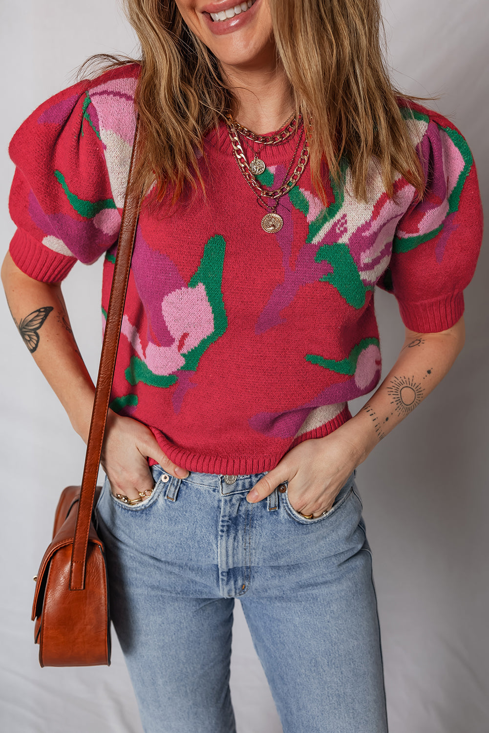 KaleaBoutique Comfortable Floral Abstract Print Short Puff Sleeve Sweater - KaleaBoutique.com