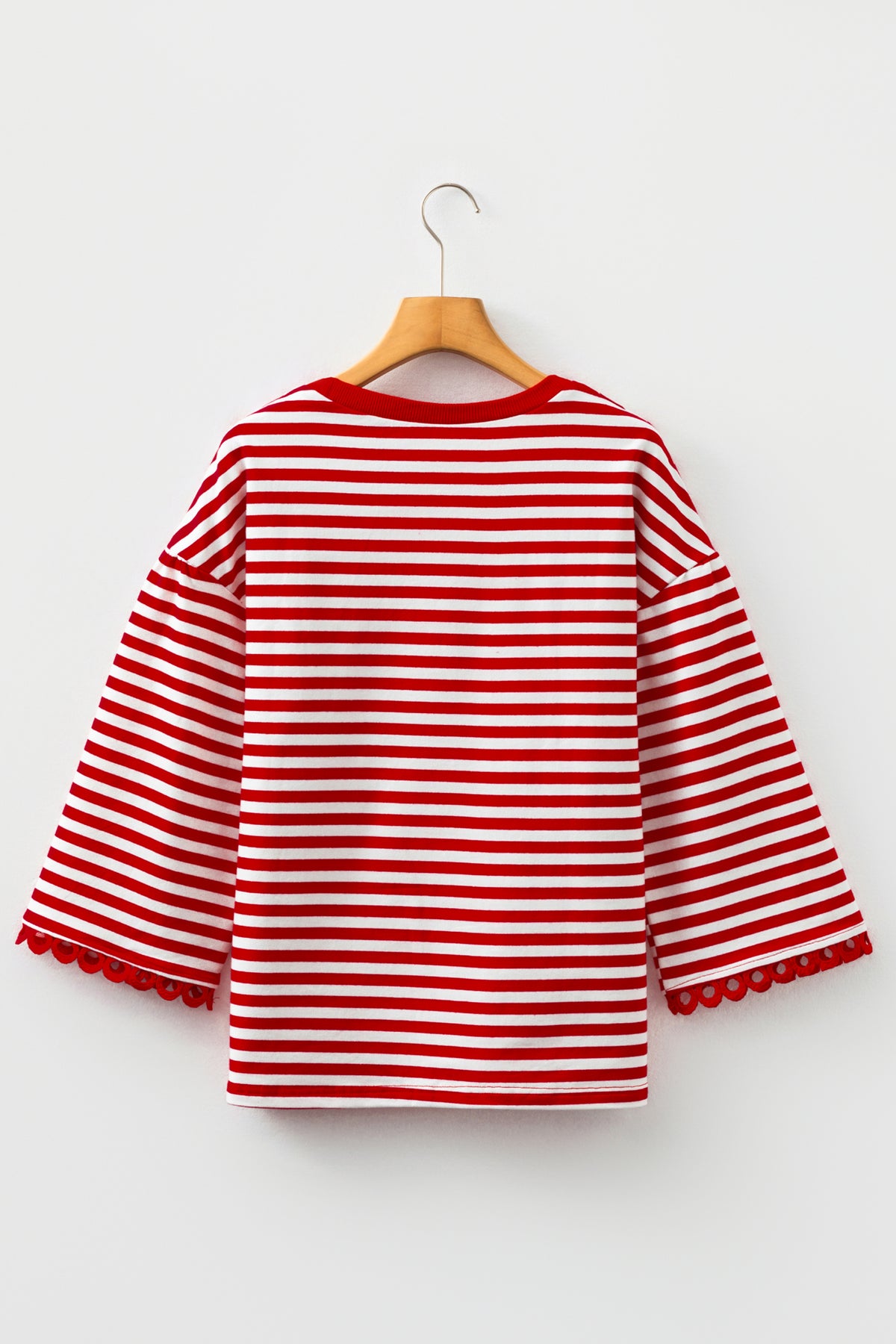 KaleaBoutique Stylish Striped Print Drop Shoulder Lace Trim Bracelet Sleeve Loose Top - KaleaBoutique.com