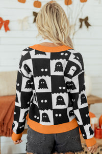 Black Geometric Ghost Print Knit Cardigan with Orange Trim - KaleaBoutique.com