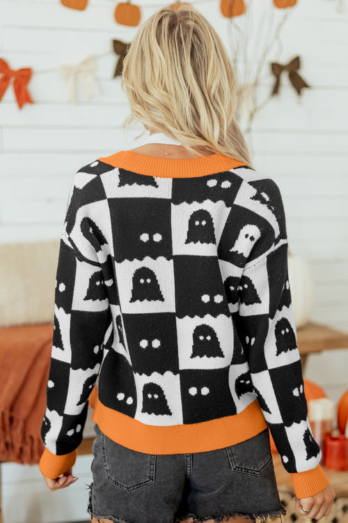 Black Geometric Ghost Print Knit Cardigan with Orange Trim - KaleaBoutique.com