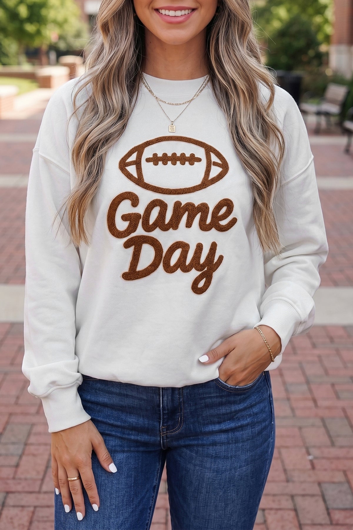 KaleaBoutique Stylish Embroidered Slogan Game Day Rugby Pattern Crewneck Sweatshirt - KaleaBoutique.com
