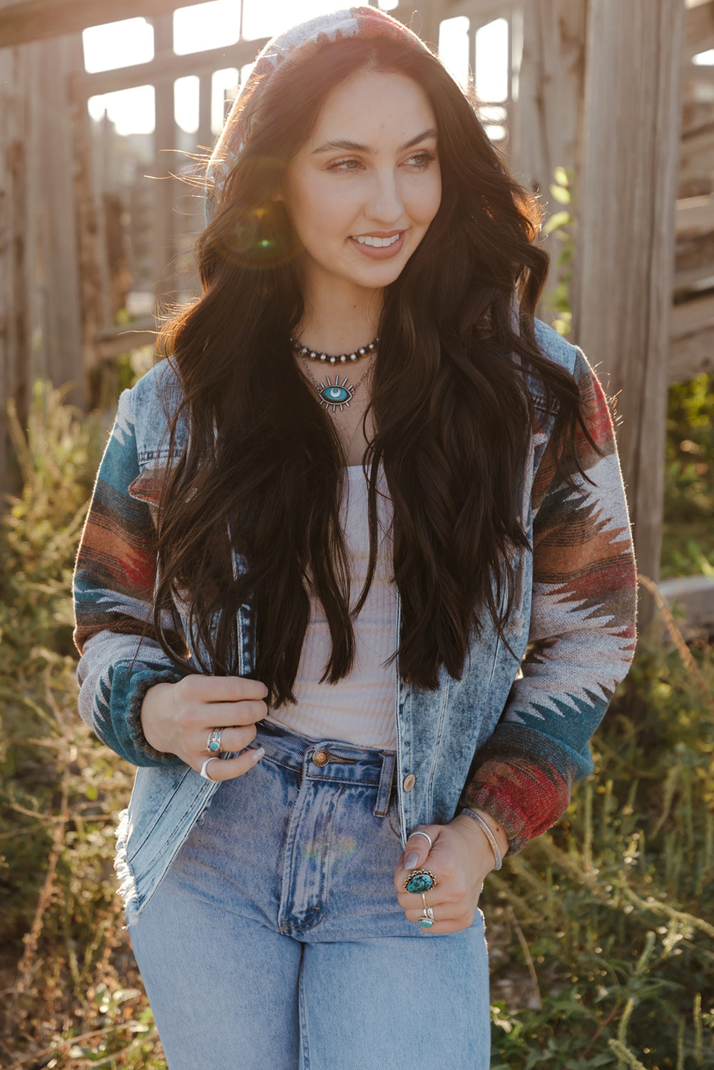 KaleaBoutique Stylish Aztec Print Frayed Hem Denim Jacket - KaleaBoutique.com