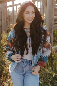 KaleaBoutique Stylish Aztec Print Frayed Hem Denim Jacket - KaleaBoutique.com
