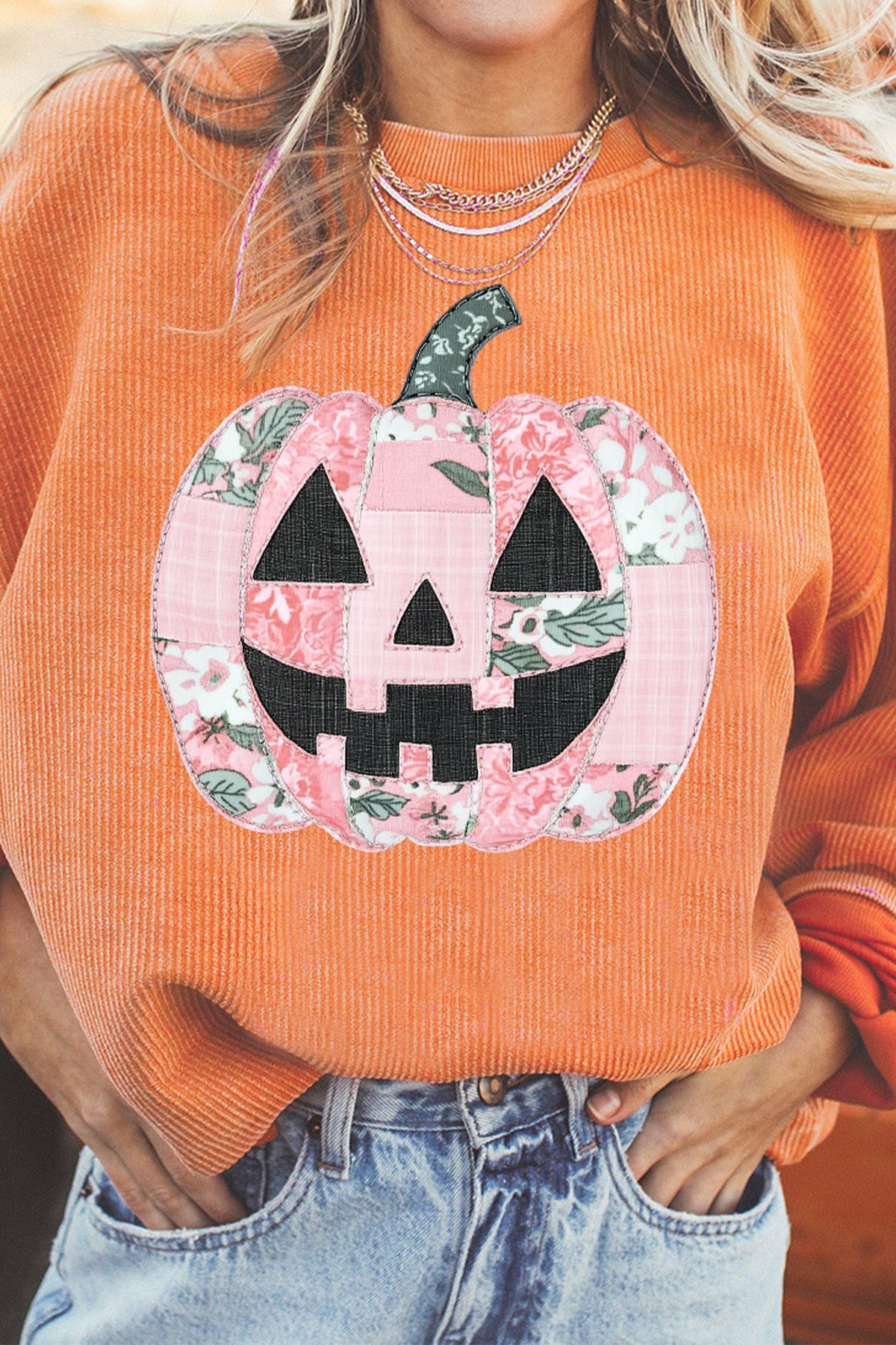 Orange Patchwork Pumpkin Corduroy Ribbed Halloween Tunic Sweatshirt - KaleaBoutique.com