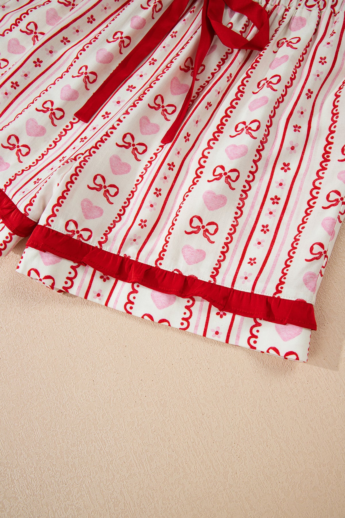 KaleaBoutique Stylish Sweet Floral Heart Bow Print Contrast Trim Long Sleeve Shirt Pajama Short Set - KaleaBoutique.com