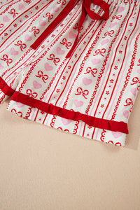KaleaBoutique Stylish Sweet Floral Heart Bow Print Contrast Trim Long Sleeve Shirt Pajama Short Set - KaleaBoutique.com