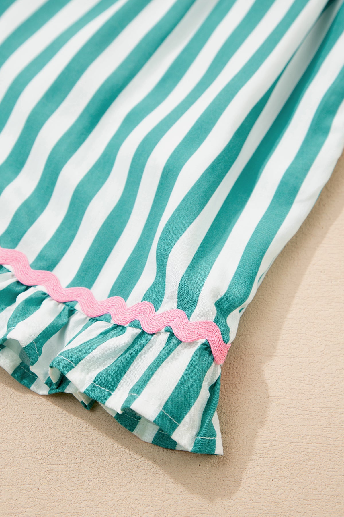 KaleaBoutique Stylish Contrast Ricrac Trim Long Sleeve Shirt Drawstring Ruffled Pajama Short Set - KaleaBoutique.com