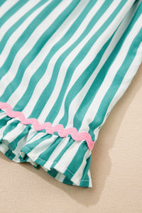 KaleaBoutique Stylish Contrast Ricrac Trim Long Sleeve Shirt Drawstring Ruffled Pajama Short Set - KaleaBoutique.com