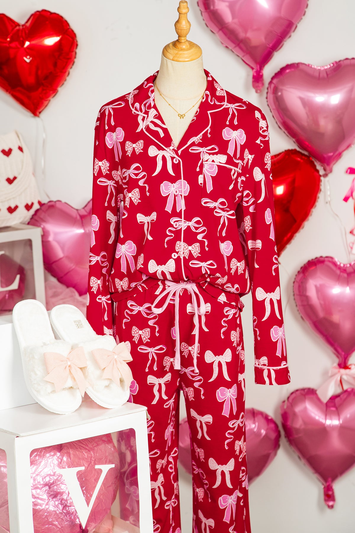 KaleaBoutique Comfortable Sweet Bow Print Shirt Style Top Long 2pcs Pajama Set - KaleaBoutique.com