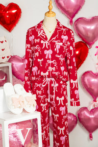 KaleaBoutique Comfortable Sweet Bow Print Shirt Style Top Long 2pcs Pajama Set - KaleaBoutique.com