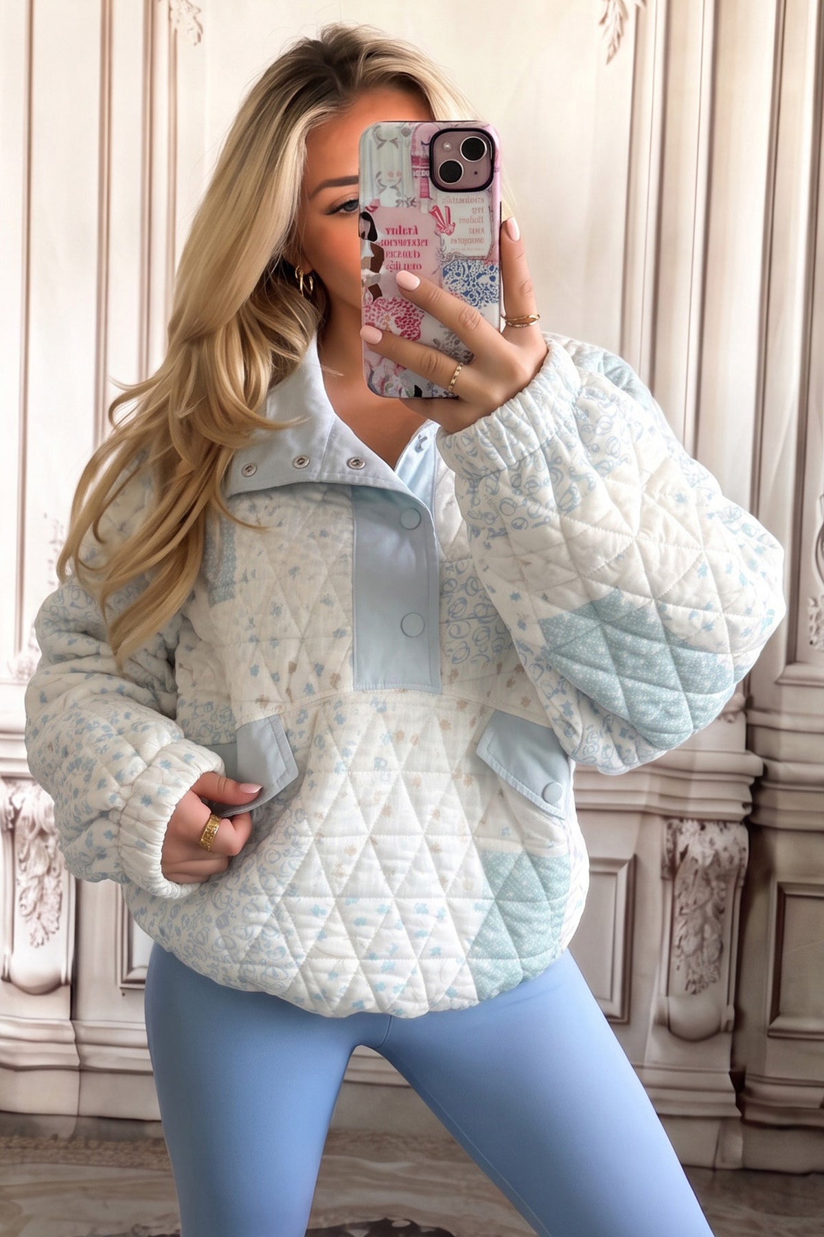 Floral Quilted Half Button Pocketed Pullover Sweatshirt - KaleaBoutique.com