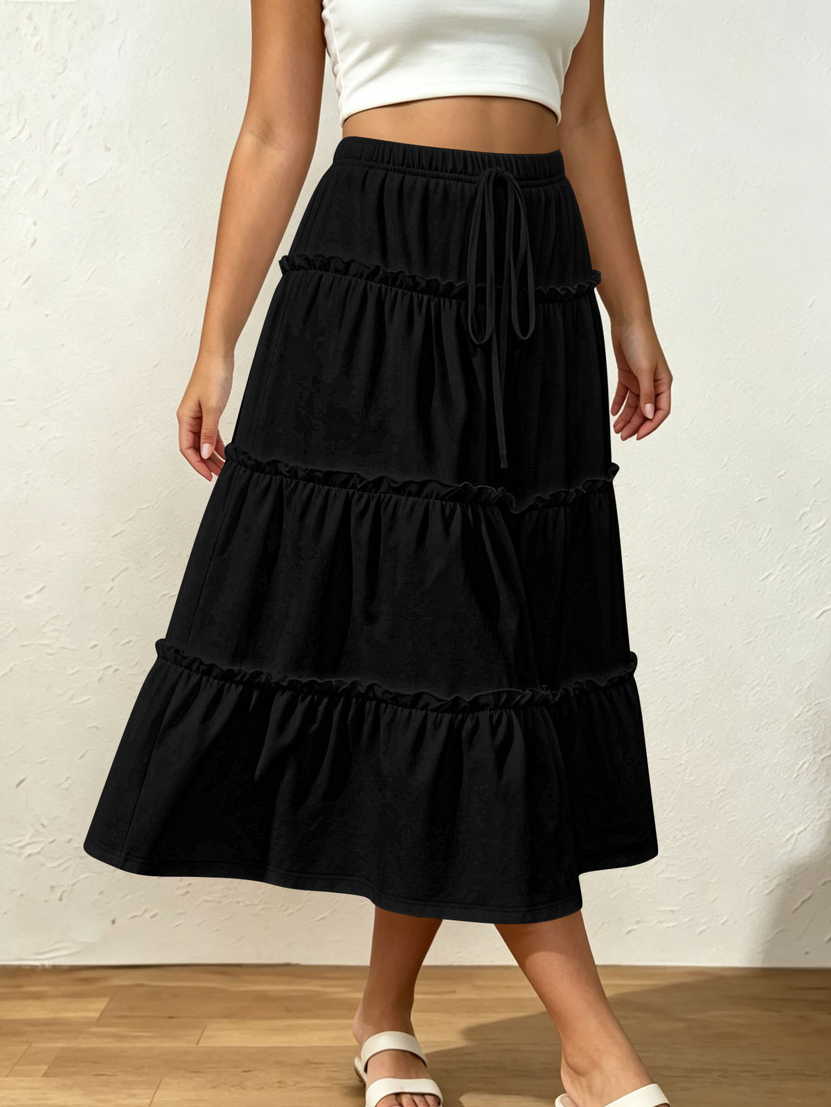 Drawstring Elastic Waist Loose Slimming Midi Tiered Skirt - KaleaBoutique.com