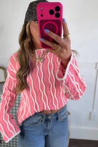 Wavy Detail Hollow Out Knit Long Sleeve Cotton Pullover Sweater - KaleaBoutique.com