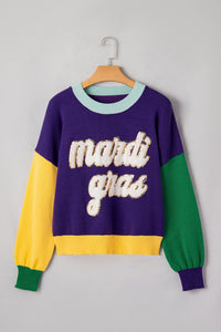 Colorblock Patchwork Fuzzy Mardi Gras Graphic Sweater - KaleaBoutique.com