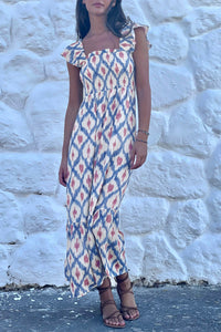 KaleaBoutique Stylish Ethnic Geometric Print Square Neck Smocked High Waist Ruffle Sleeve Dress - KaleaBoutique.com