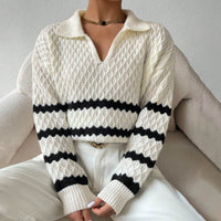 Women's Striped Openwork Polo-Collar Pullover Sweater - KaleaBoutique.com