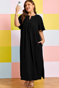 Black Plus Size Notched-Neck Short Sleeve Relaxed Dress - KaleaBoutique.com