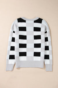 KaleaBoutique Checkered Ribbed Edge O Neck Drop Shoulder Sweater - KaleaBoutique.com