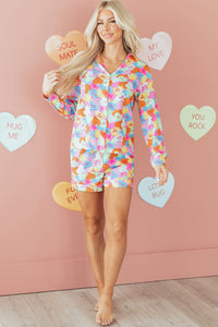 KaleaBoutique Comfortable Valentines Candy Heart V Neck Collared Tunic Shirt and Shorts 2pcs Pajama Set - KaleaBoutique.com