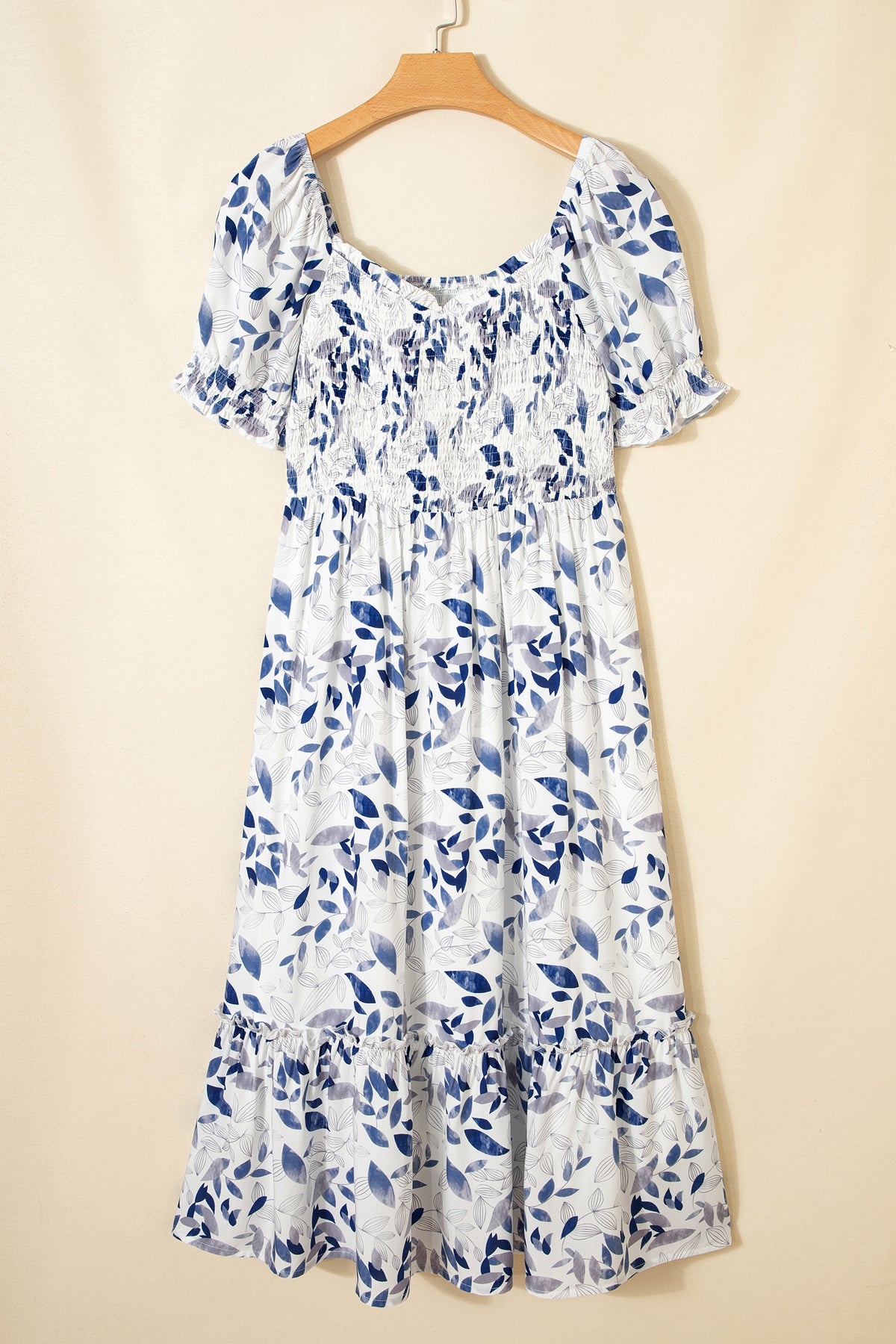 Smocked Bodice Short Puff Sleeve Tiered Floral Midi Dress - KaleaBoutique.com