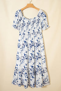 Smocked Bodice Short Puff Sleeve Tiered Floral Midi Dress - KaleaBoutique.com