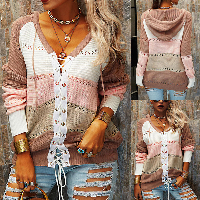 Women's Color Block V-Neck Lace-Up Front Hooded Cardigan - KaleaBoutique.com