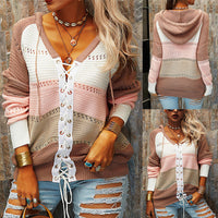 Women's Color Block V-Neck Lace-Up Front Hooded Cardigan - KaleaBoutique.com