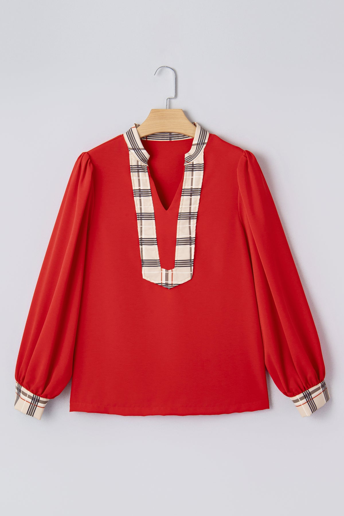 Contrast Plaid Patchwork V Neck Long Sleeve Blouse - KaleaBoutique.com
