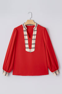 Contrast Plaid Patchwork V Neck Long Sleeve Blouse - KaleaBoutique.com