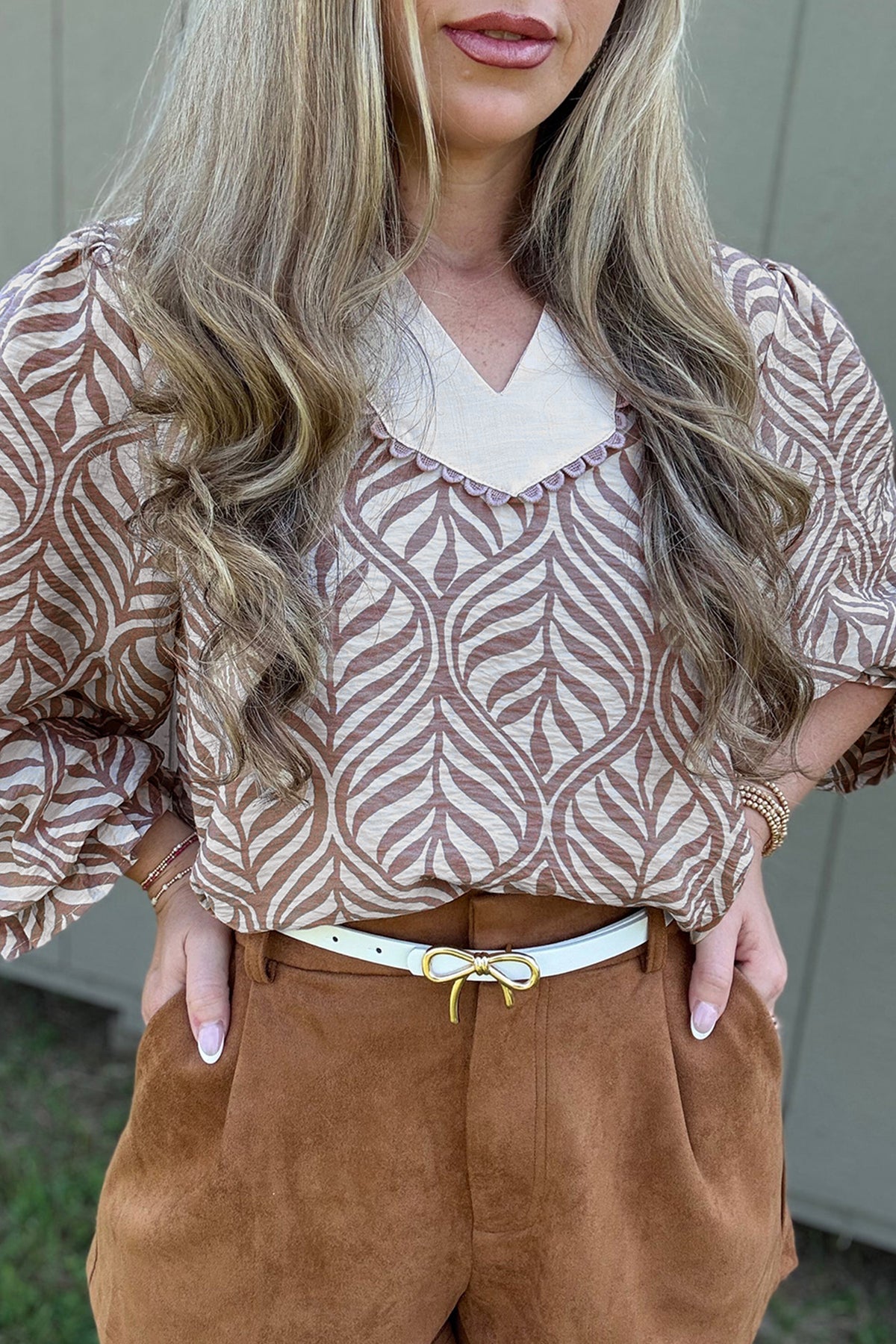 KaleaBoutique Beautiful Leaf Print Standing Collar Puff Sleeve Top - KaleaBoutique.com