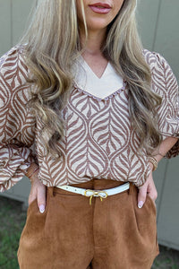KaleaBoutique Beautiful Leaf Print Standing Collar Puff Sleeve Top - KaleaBoutique.com