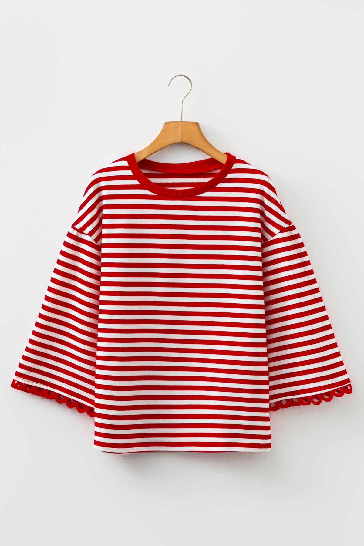 KaleaBoutique Stylish Striped Print Drop Shoulder Lace Trim Bracelet Sleeve Loose Top - KaleaBoutique.com