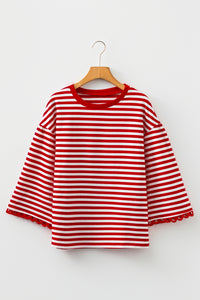 KaleaBoutique Stylish Striped Print Drop Shoulder Lace Trim Bracelet Sleeve Loose Top - KaleaBoutique.com