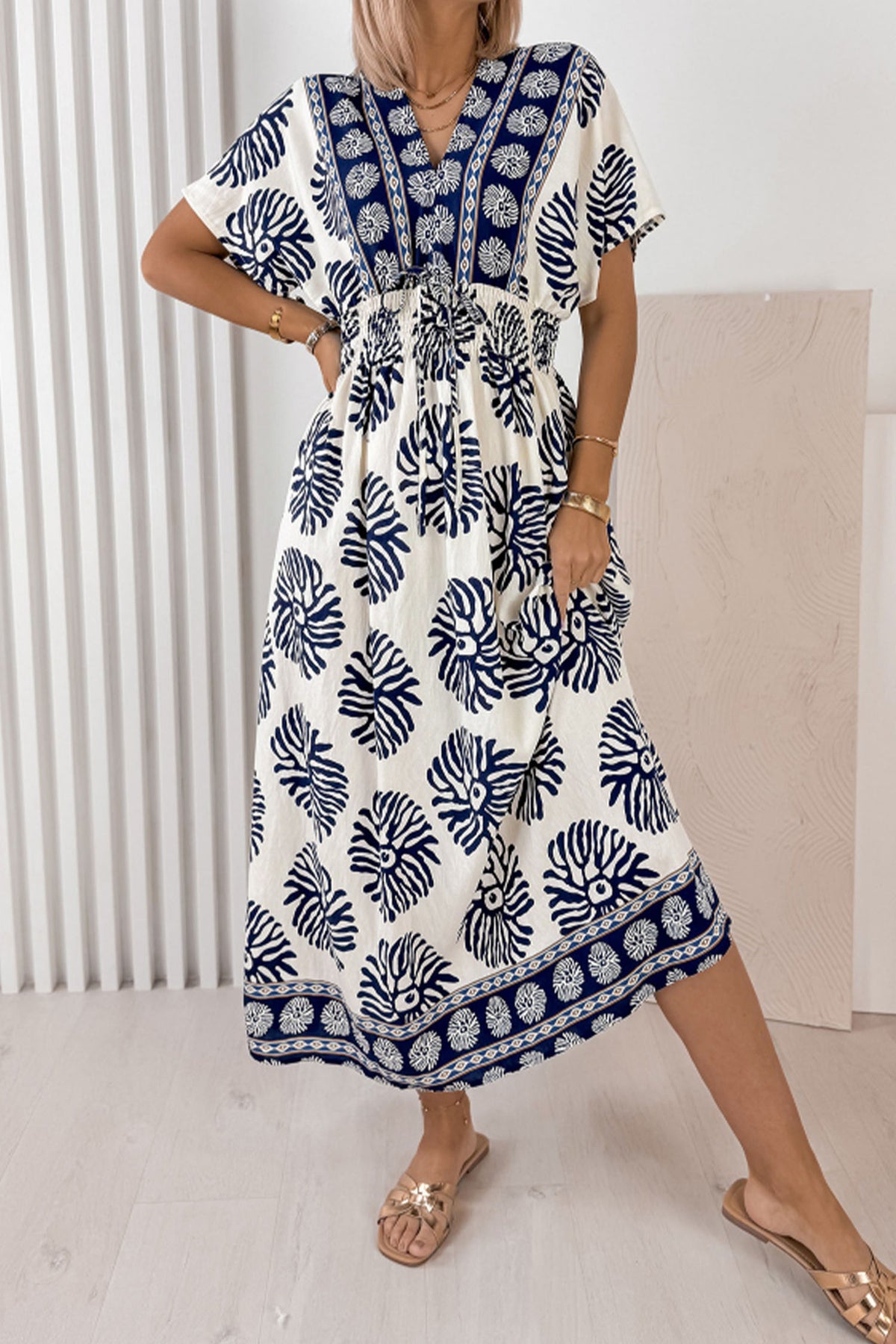 KaleaBoutique Comfortable Boho Floral Print Contrast Patchwork V Neck Dolman Maxi Dress - KaleaBoutique.com