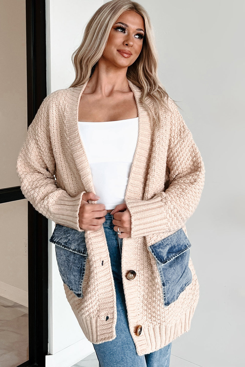 KaleaBoutique Comfortable Open Front Knitted Denim Pocket Patchwork Cardigan - KaleaBoutique.com